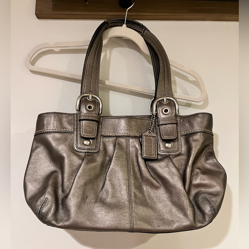 COACH Soho Pleated Shoulder Tote Bag Leather Metallic Gray
